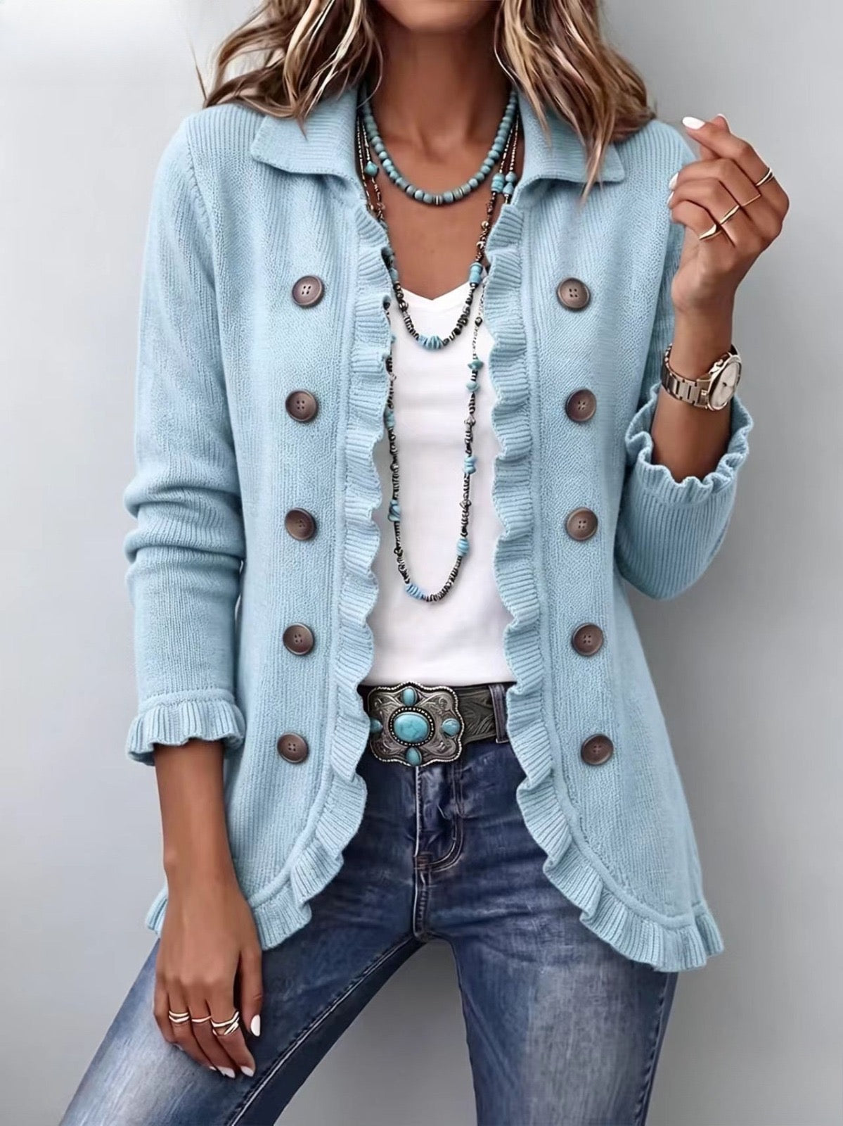 Claudia | Chaqueta de Punto Azul Empolvado con Volantes