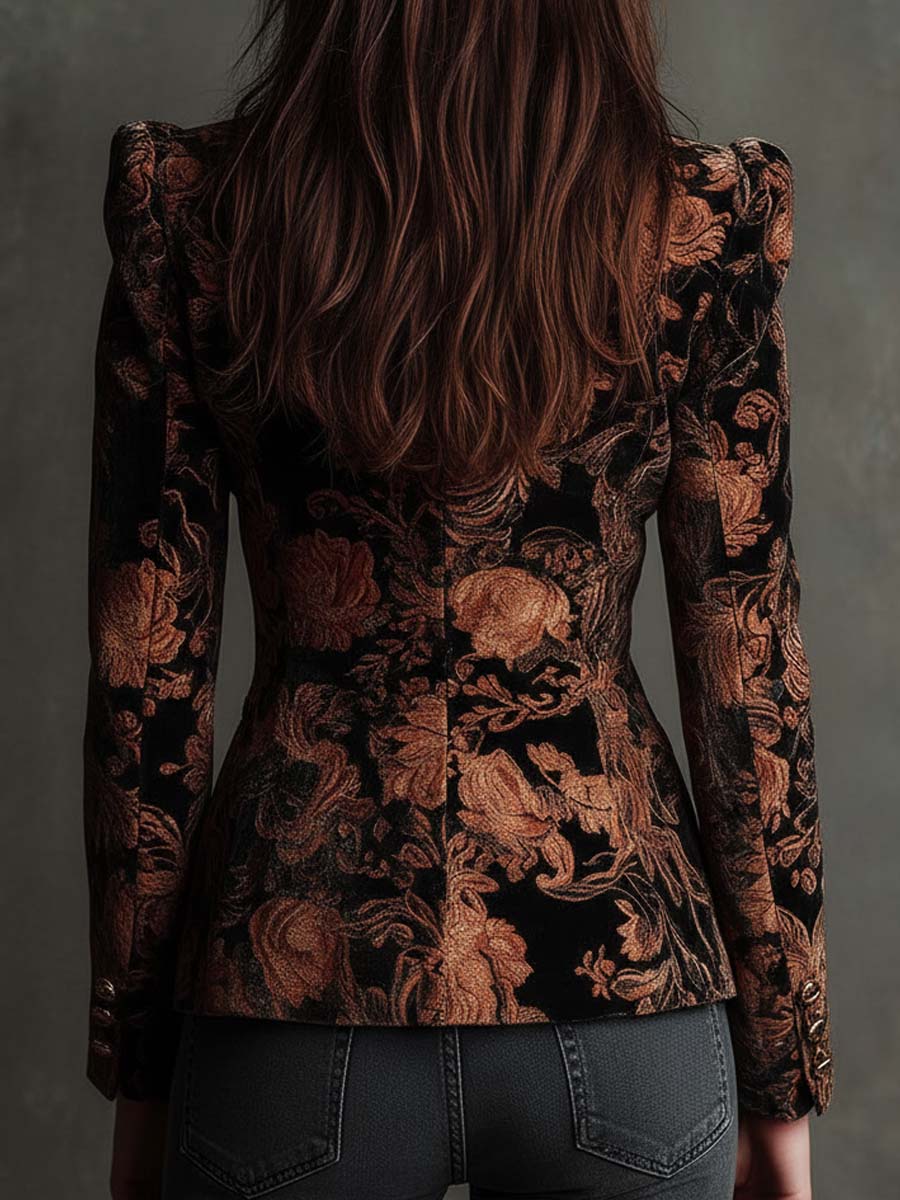 Bertila | Blazer de Corte Sastre con Estampado Floral Negro y Bronce