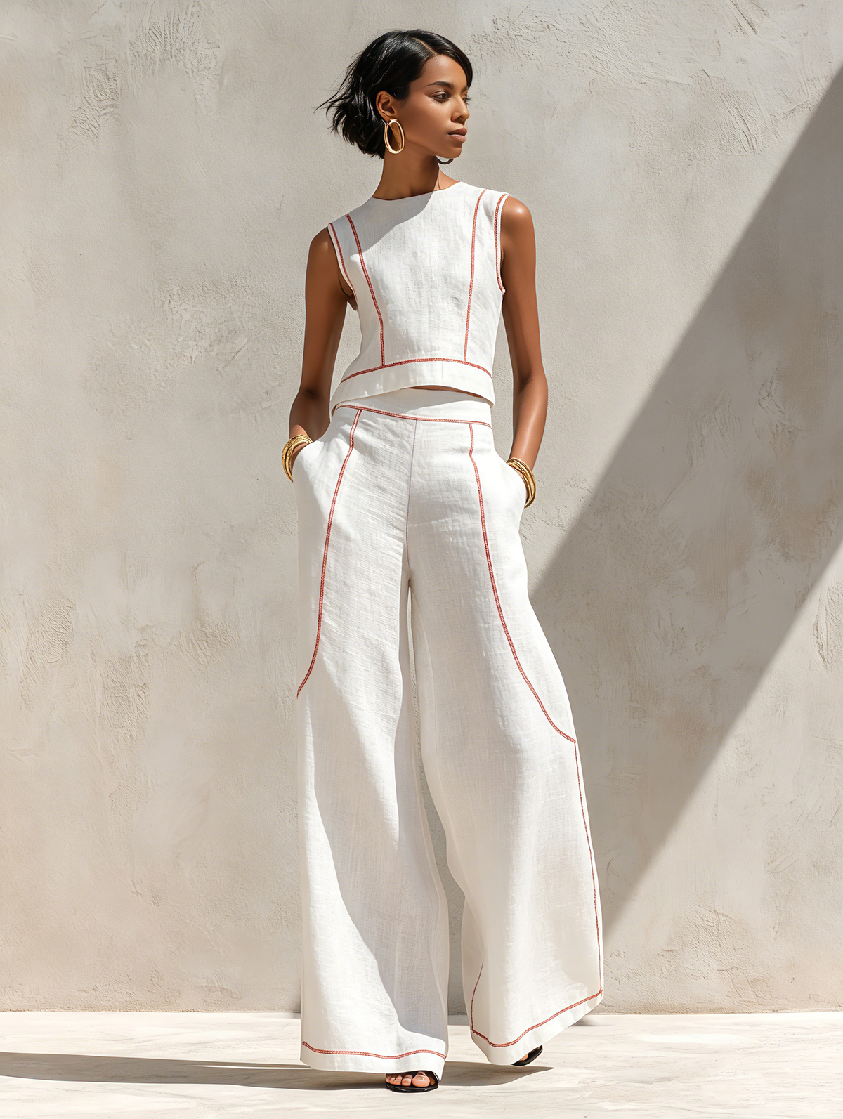 Corallina | Conjunto de pantalón en lino mezclado con costuras en contraste
