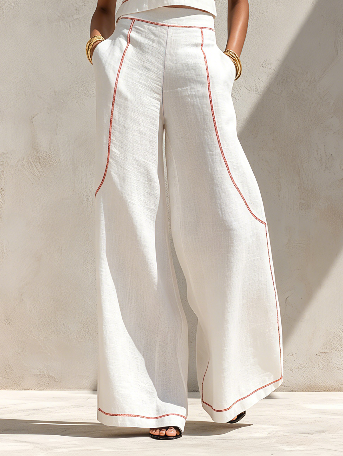 Corallina | Conjunto de pantalón en lino mezclado con costuras en contraste