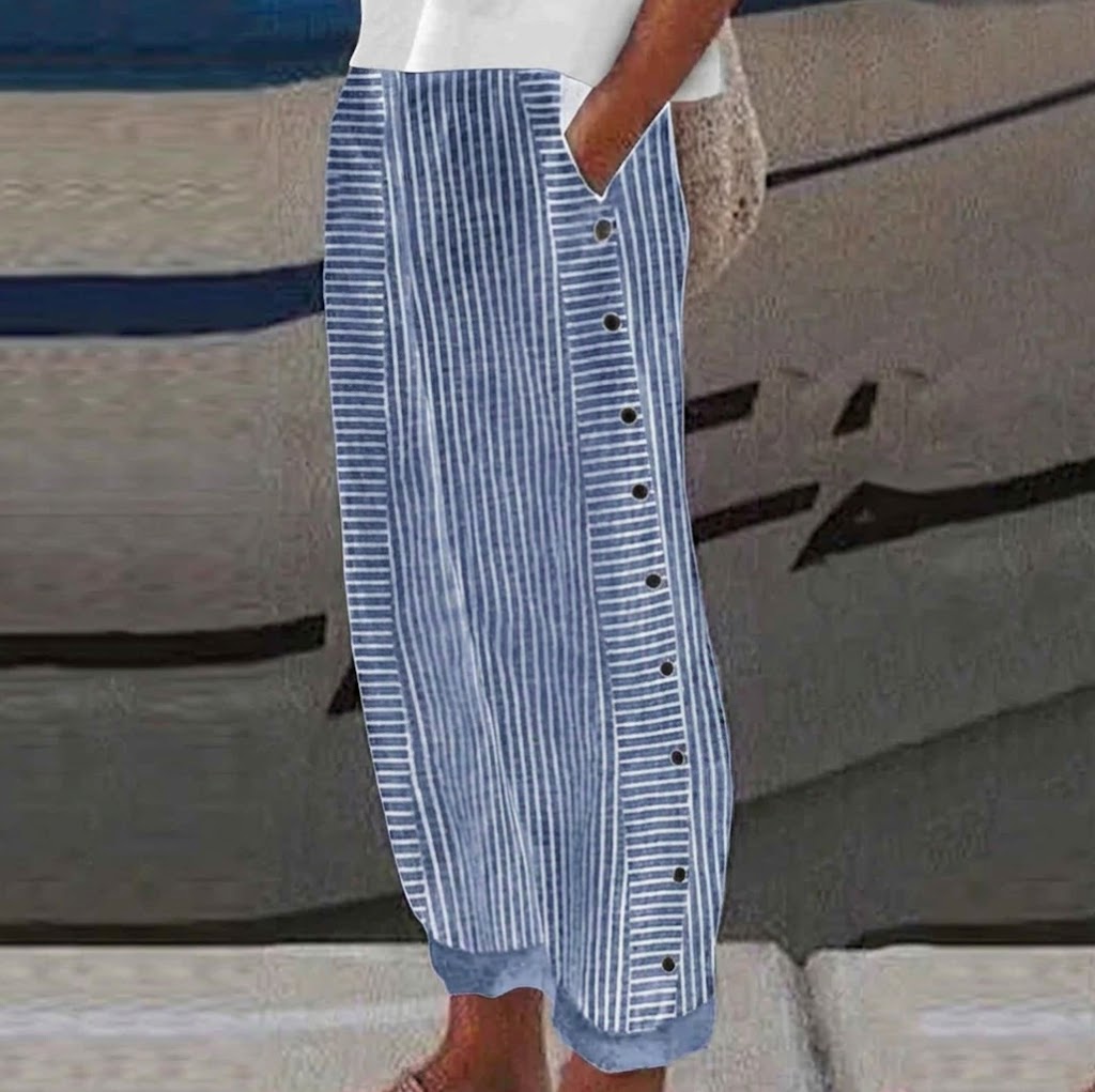 Salma - Pantalón recto de rayas con botones laterales
