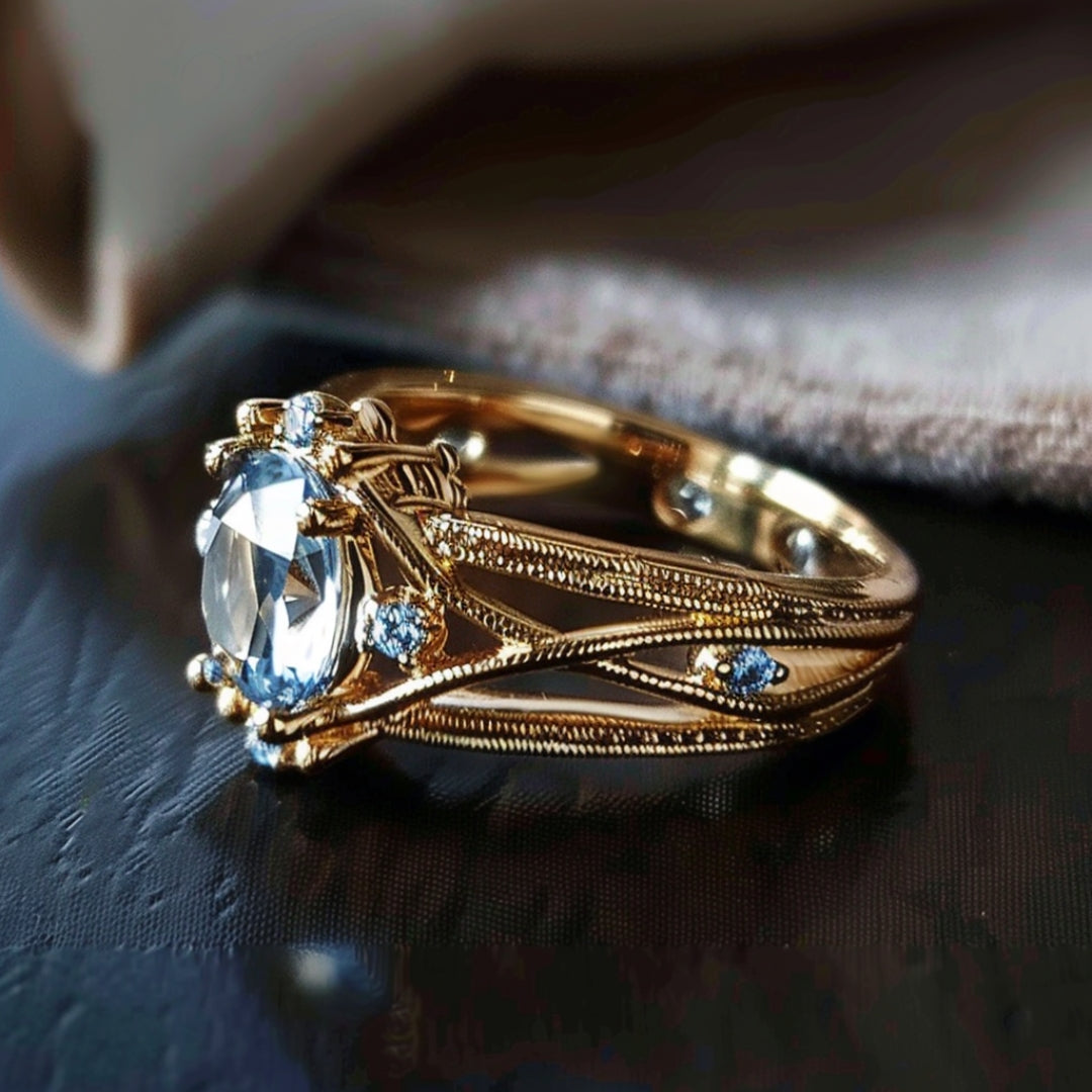 Anillo Baño de Oro con Incrustación de Vidrio Azul