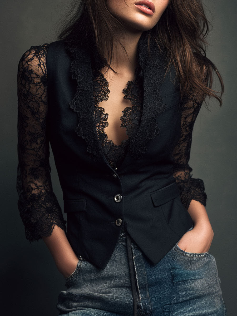 Noemí | Blazer Negro con Mangas Semitransparentes
