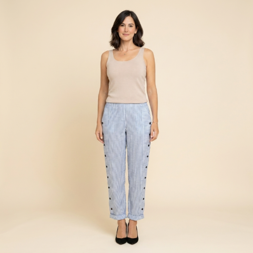 Salma - Pantalón recto de rayas con botones laterales
