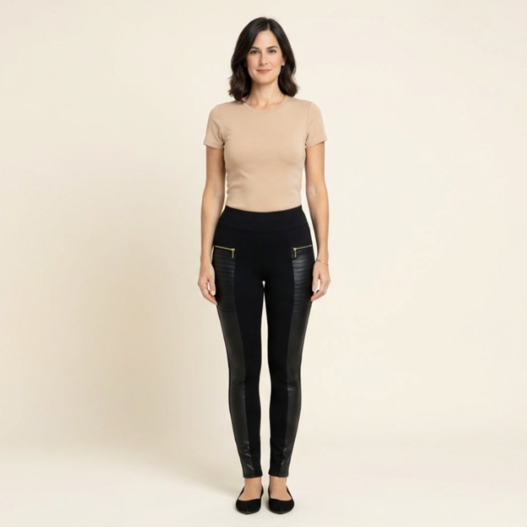 Daniela - Pantalón de cuero sintético con detalles en contraste y cremallera