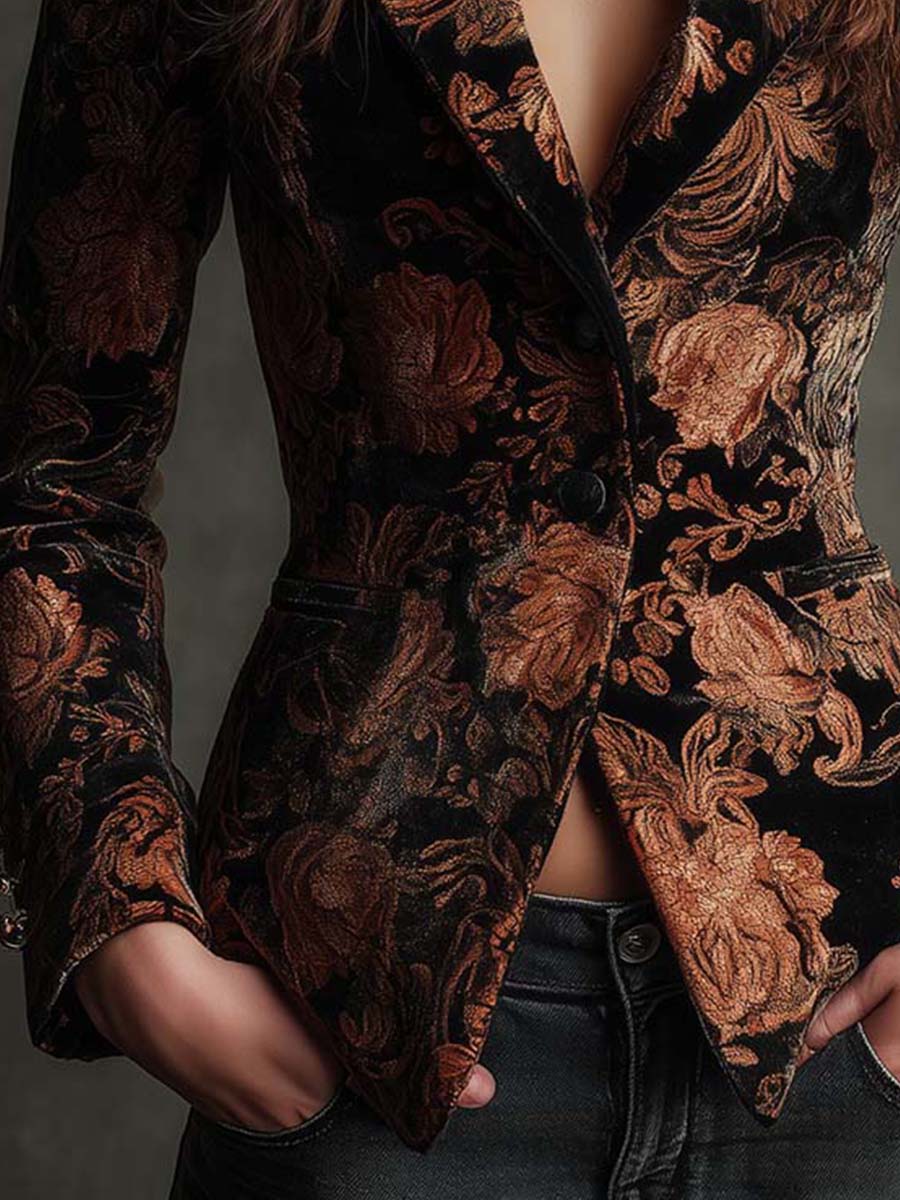 Bertila | Blazer de Corte Sastre con Estampado Floral Negro y Bronce