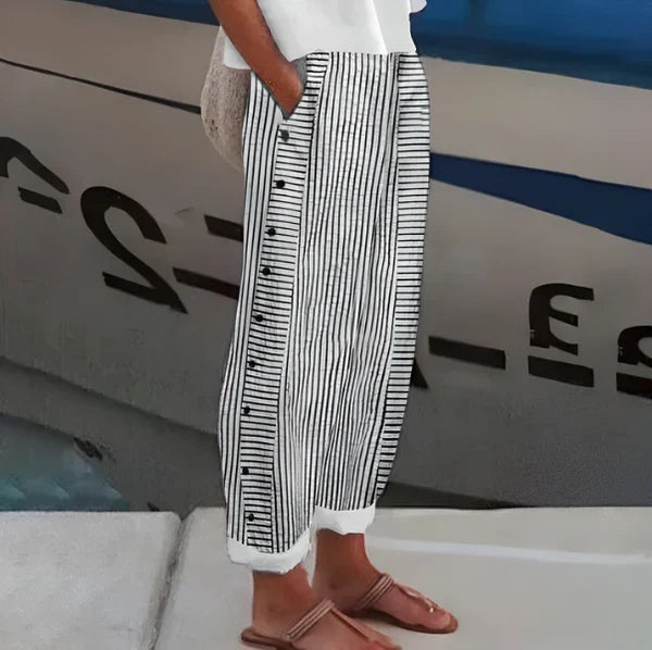 Salma - Pantalón recto de rayas con botones laterales