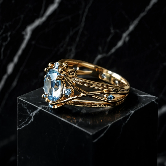 Anillo Baño de Oro con Incrustación de Vidrio Azul