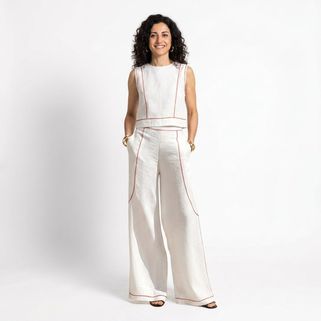 Corallina | Conjunto de pantalón en lino mezclado con costuras en contraste