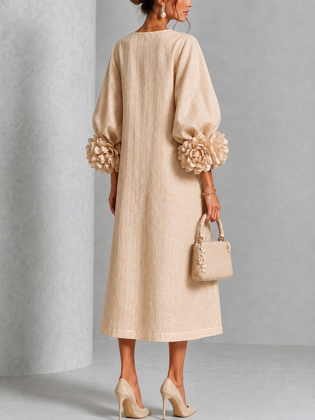 Carla | Vestido Midi con Botones de Flor y Mangas Abullonadas