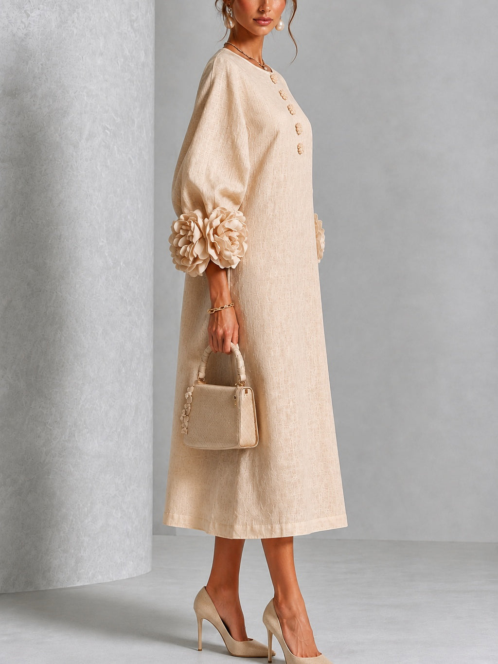 Carla | Vestido Midi con Botones de Flor y Mangas Abullonadas