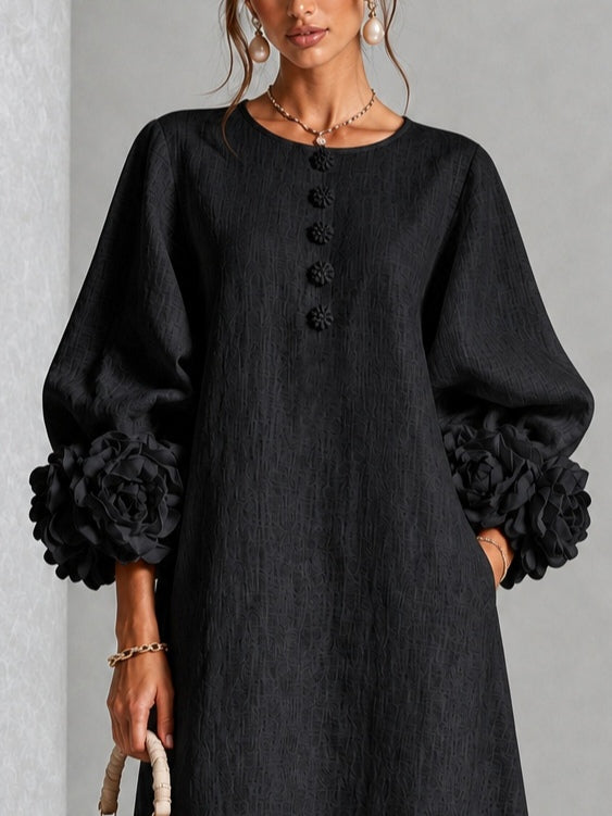 Carla | Vestido Midi con Botones de Flor y Mangas Abullonadas