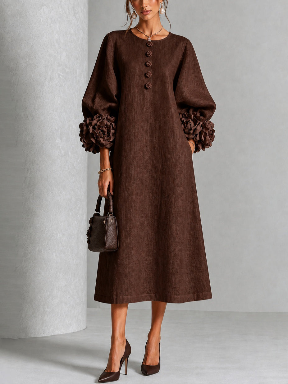 Carla | Vestido Midi con Botones de Flor y Mangas Abullonadas