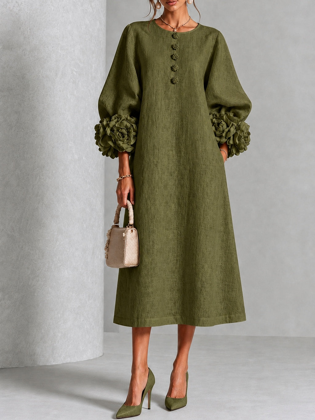 Carla | Vestido Midi con Botones de Flor y Mangas Abullonadas