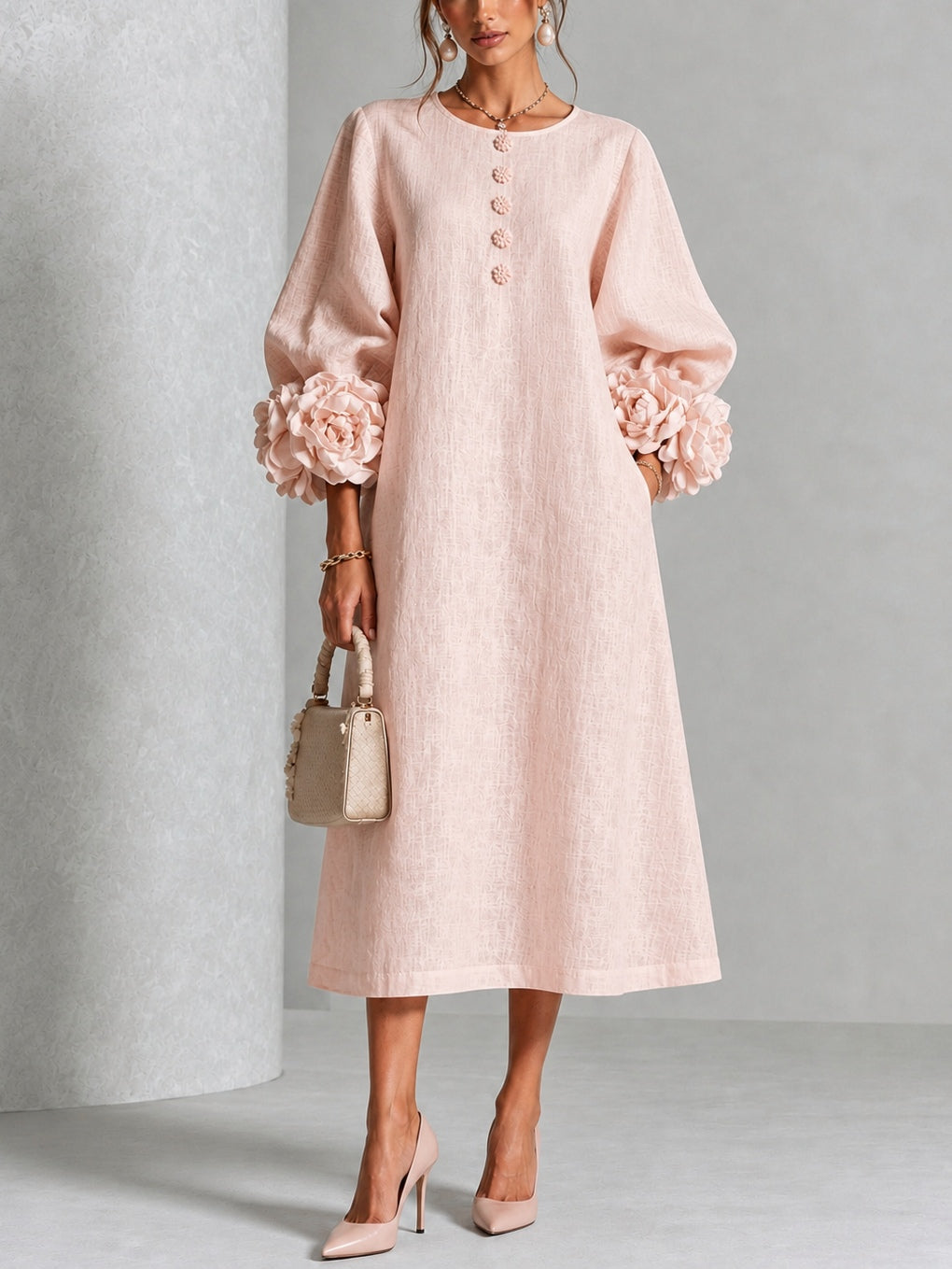 Carla | Vestido Midi con Botones de Flor y Mangas Abullonadas