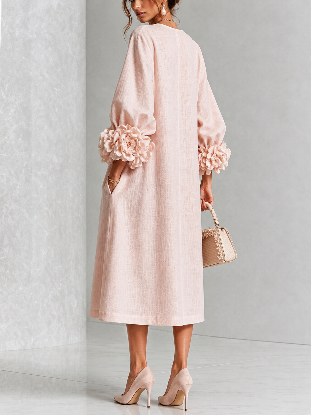 Carla | Vestido Midi con Botones de Flor y Mangas Abullonadas