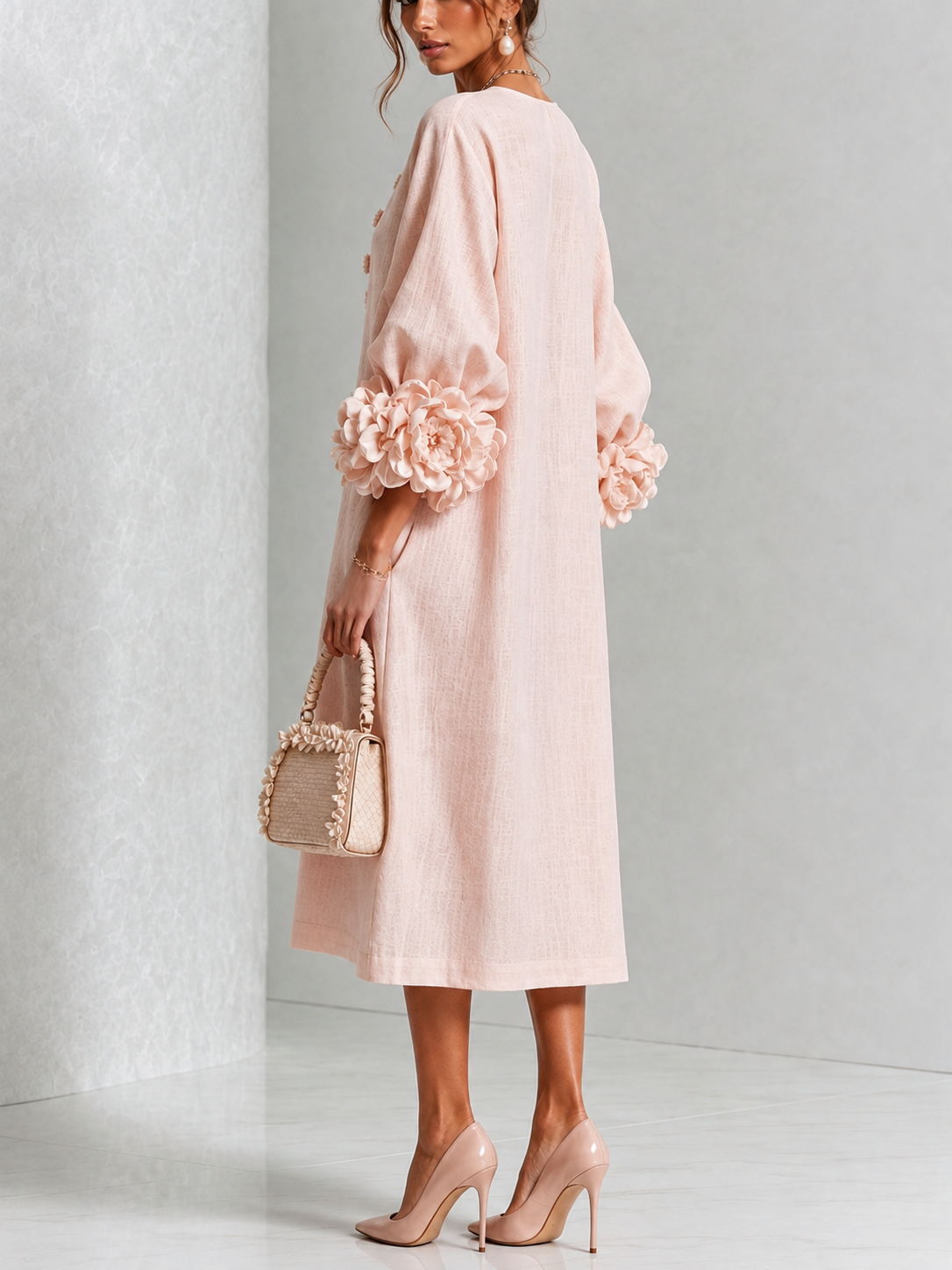 Carla | Vestido Midi con Botones de Flor y Mangas Abullonadas