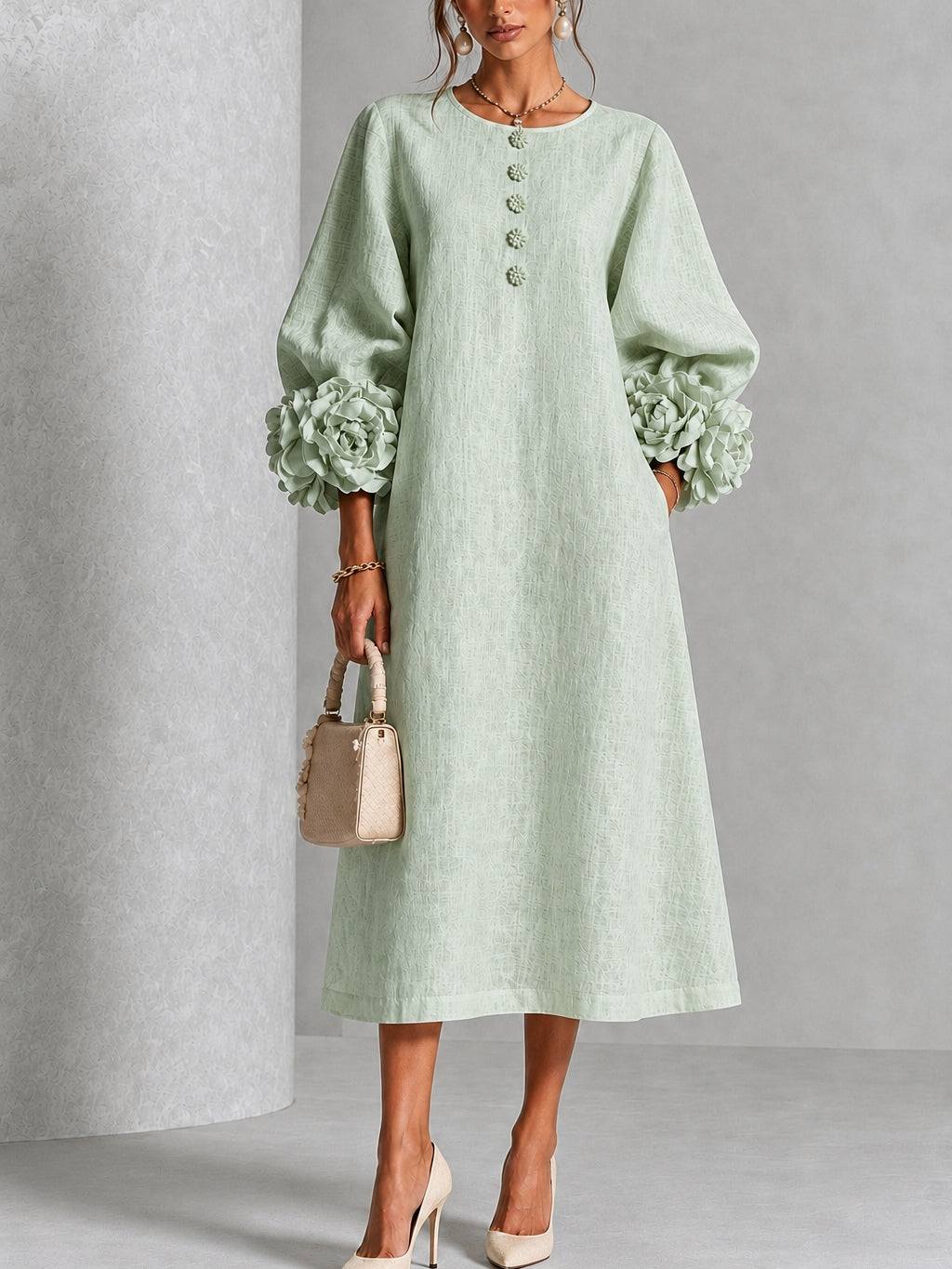Carla | Vestido Midi con Botones de Flor y Mangas Abullonadas