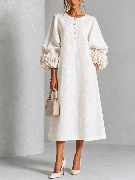 Carla | Vestido Midi con Botones de Flor y Mangas Abullonadas
