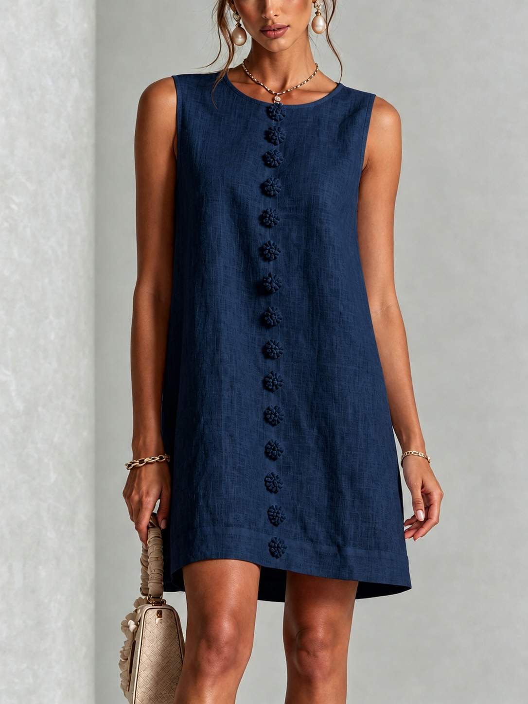 Lucía | Vestido Mini Floral Sin Mangas con Botones Azul Marino