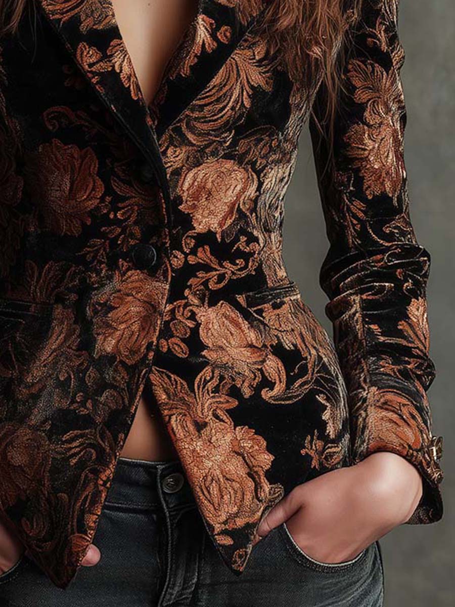 Bertila | Blazer de Corte Sastre con Estampado Floral Negro y Bronce