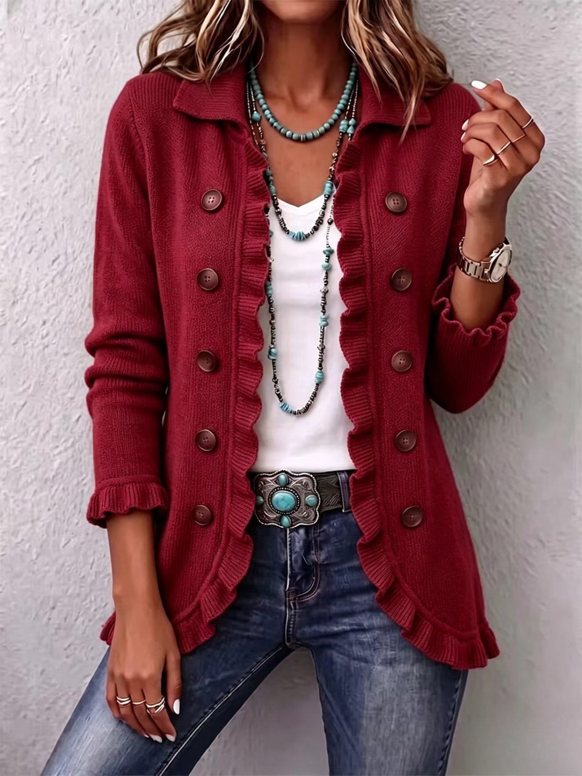 Andrea | Chaqueta de Punto Rojo Rubí con Volantes