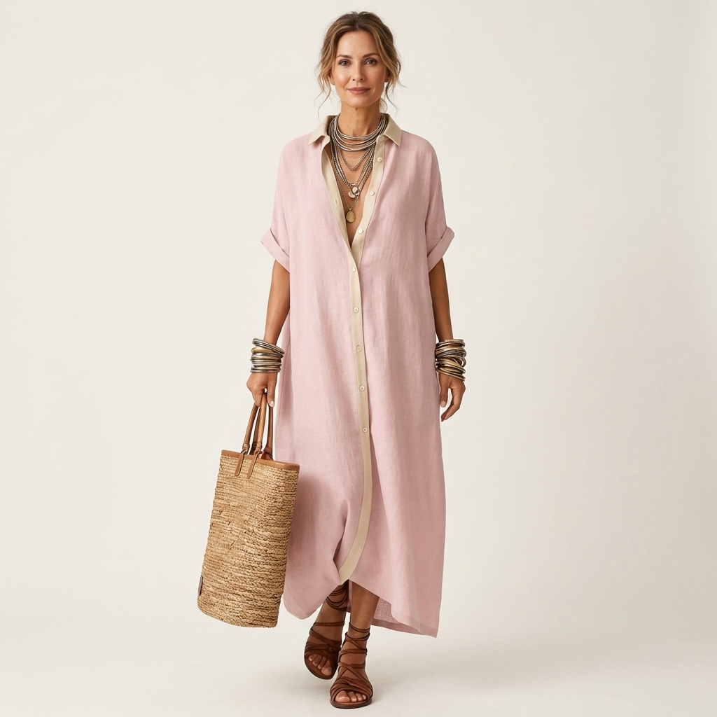 Clara | Vestido Camisero Largo con Cuello a Contraste