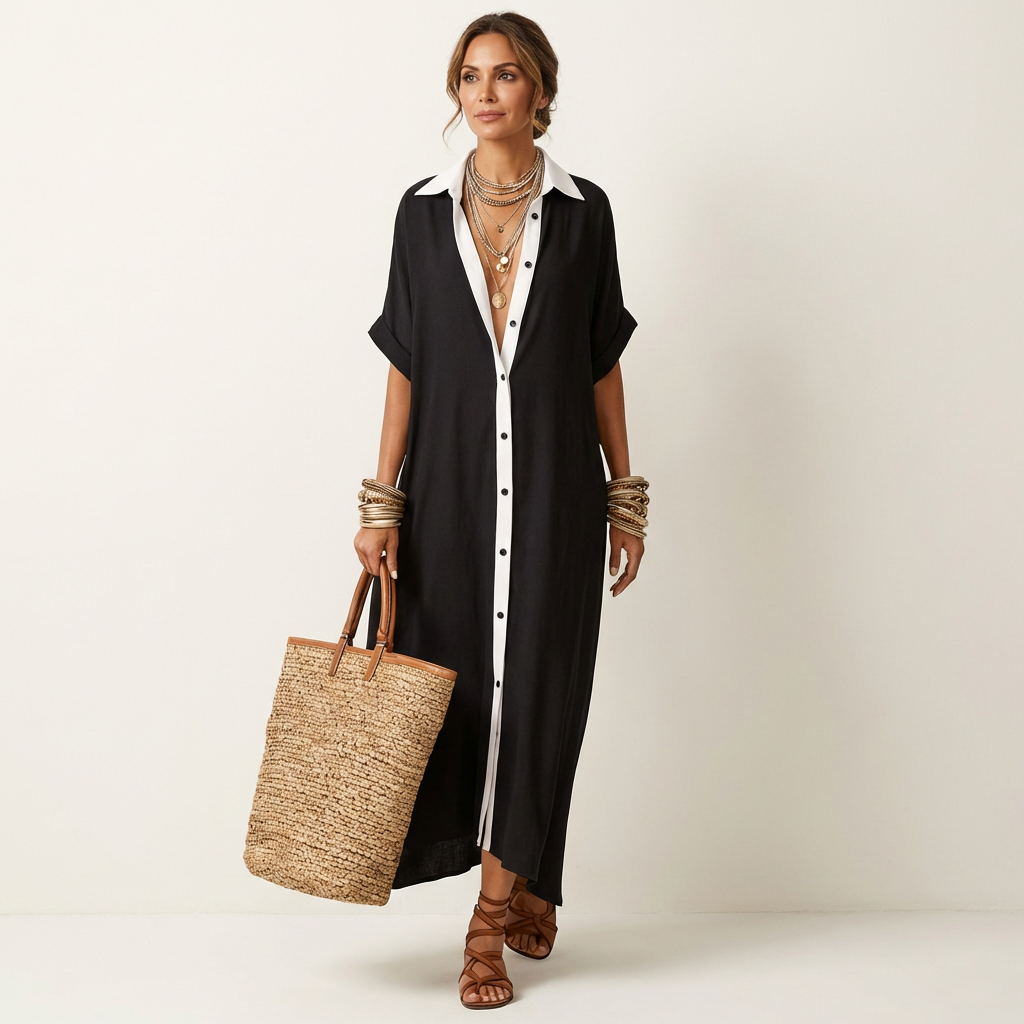 Clara | Vestido Camisero Largo con Cuello a Contraste
