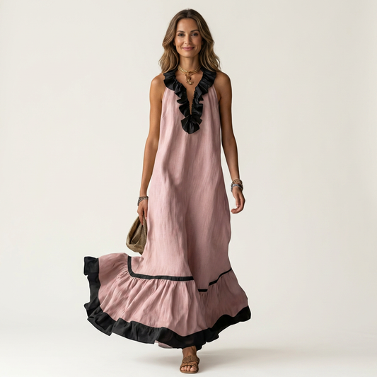 Sofía | Vestido Largo con Volantes y Ribete Negro