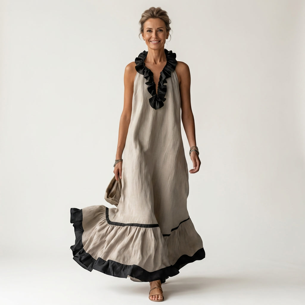Sofía | Vestido Largo con Volantes y Ribete Negro