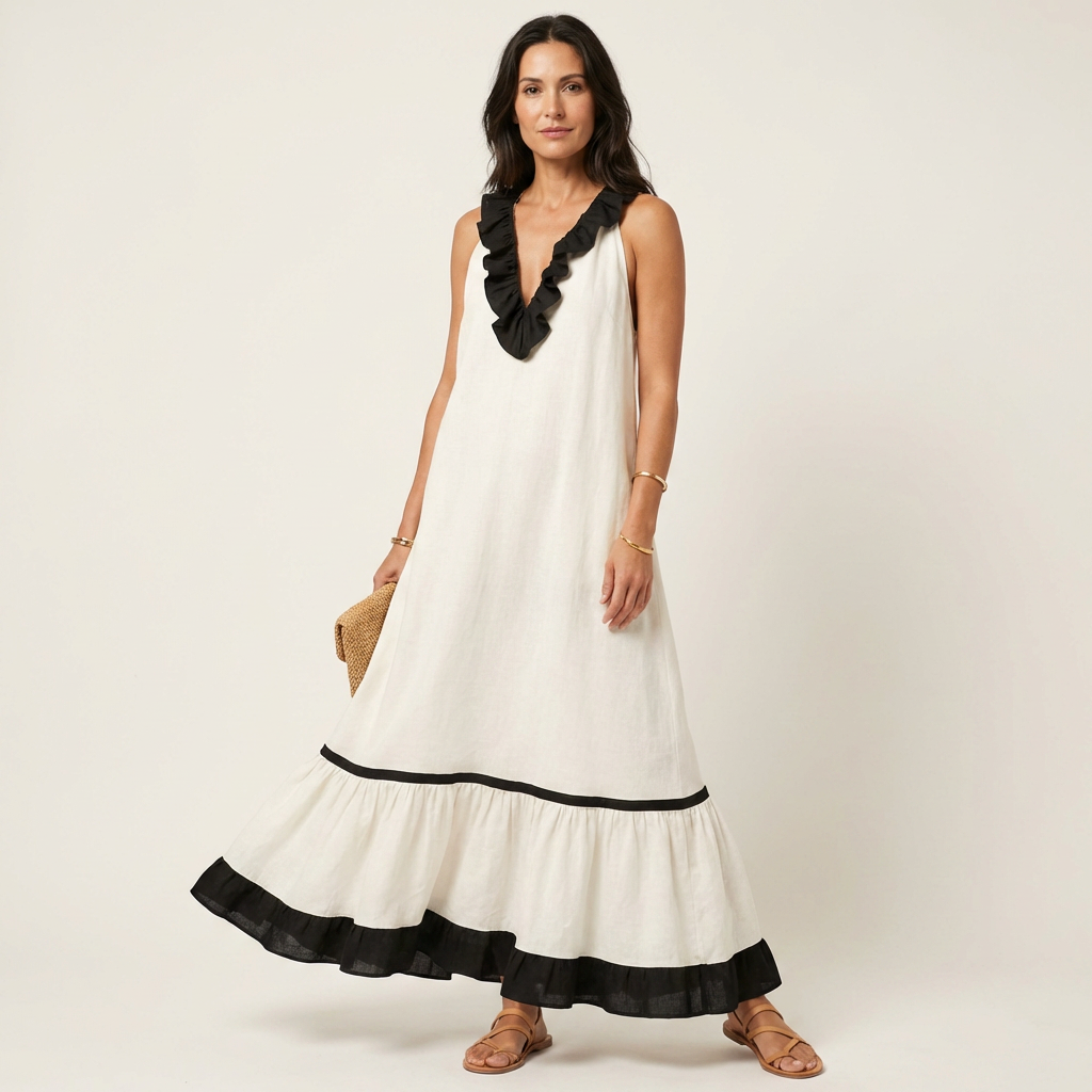 Sofía | Vestido Largo con Volantes y Ribete Negro