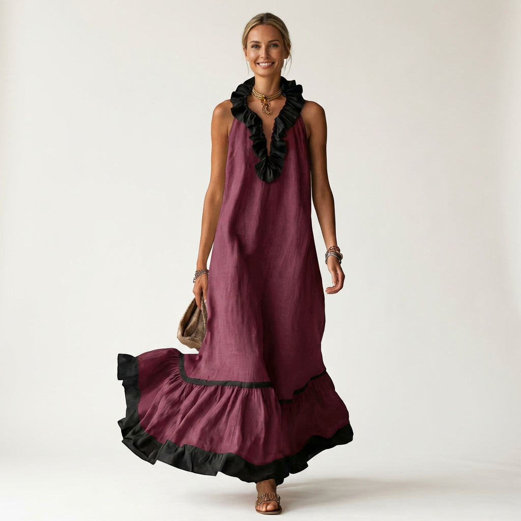 Sofía | Vestido Largo con Volantes y Ribete Negro