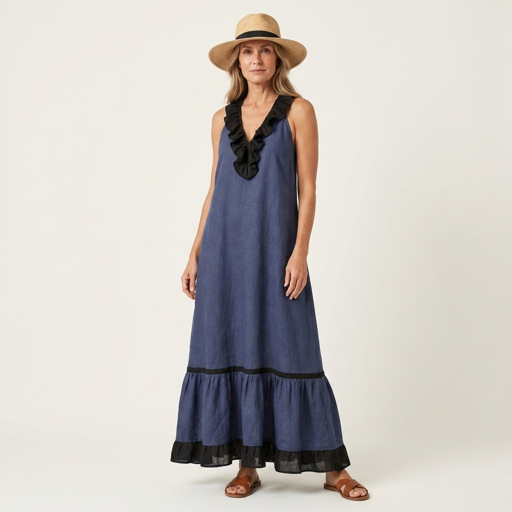 Sofía | Vestido Largo con Volantes y Ribete Negro