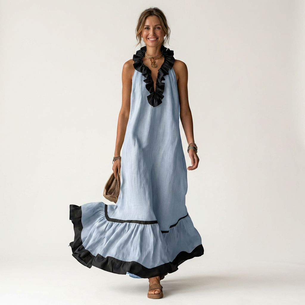 Sofía | Vestido Largo con Volantes y Ribete Negro