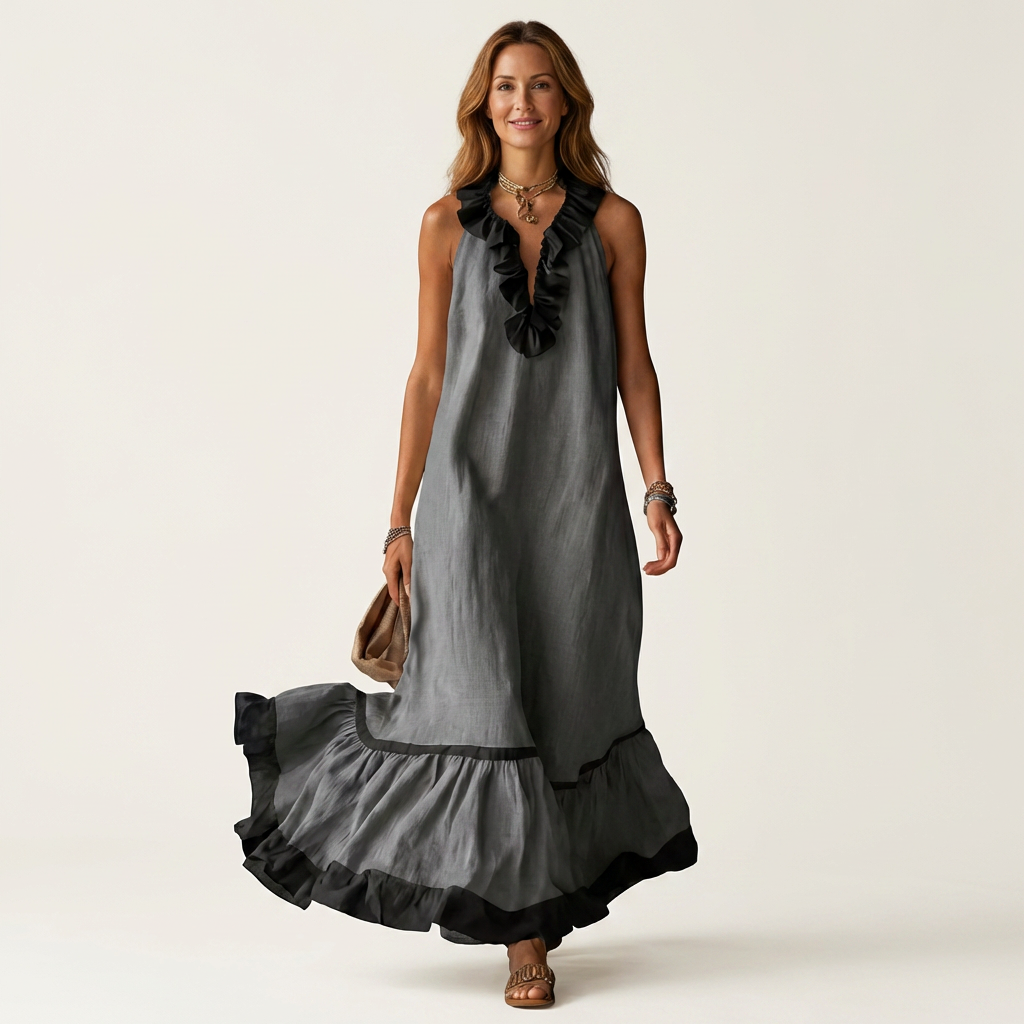 Sofía | Vestido Largo con Volantes y Ribete Negro