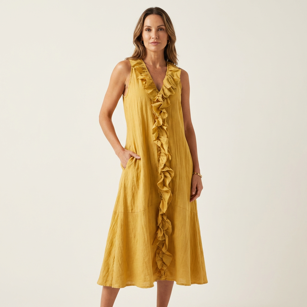 Victoria | Vestido Largo de Lino con Volante Frontal