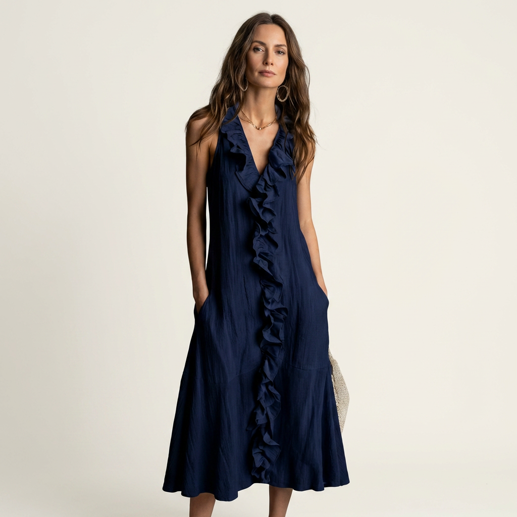 Victoria | Vestido Largo de Lino con Volante Frontal