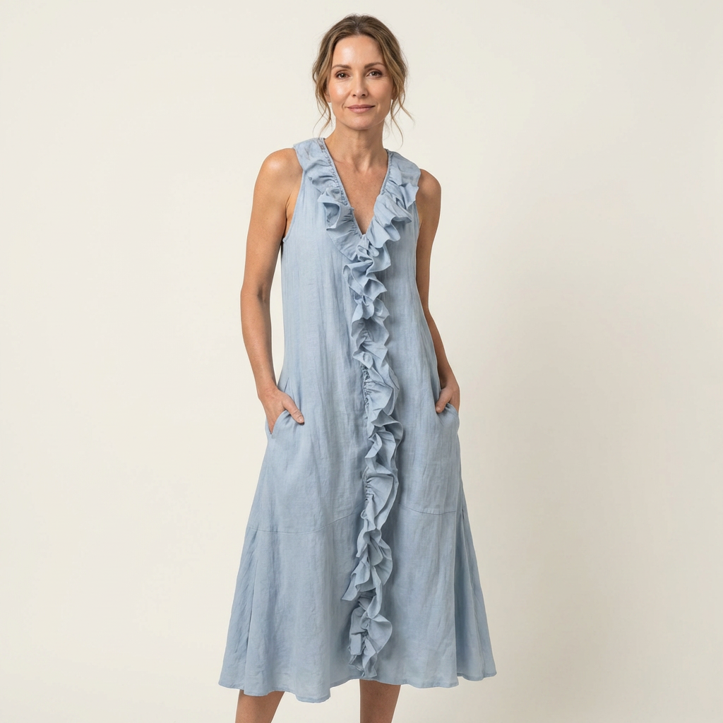 Victoria | Vestido Largo de Lino con Volante Frontal