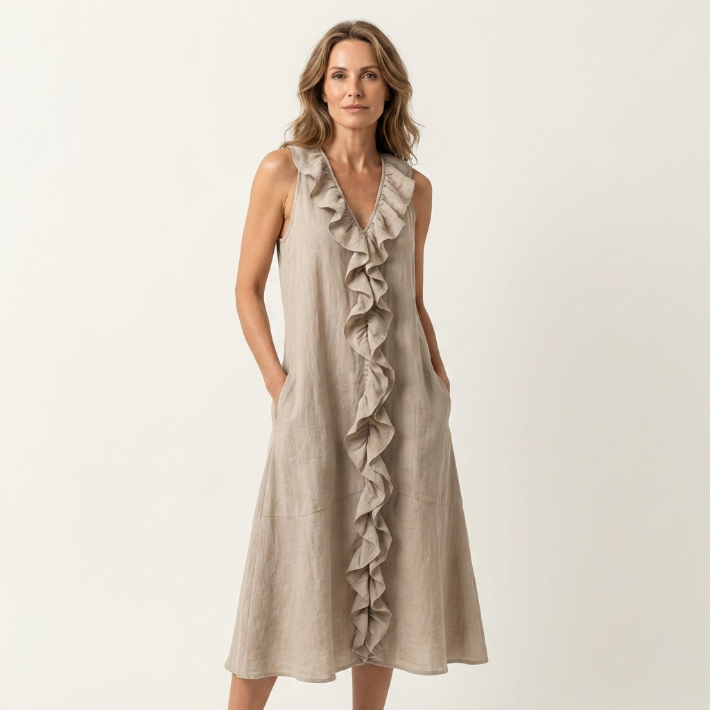 Victoria | Vestido Largo de Lino con Volante Frontal