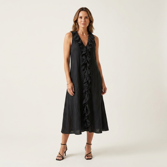 Victoria | Vestido Largo de Lino con Volante Frontal