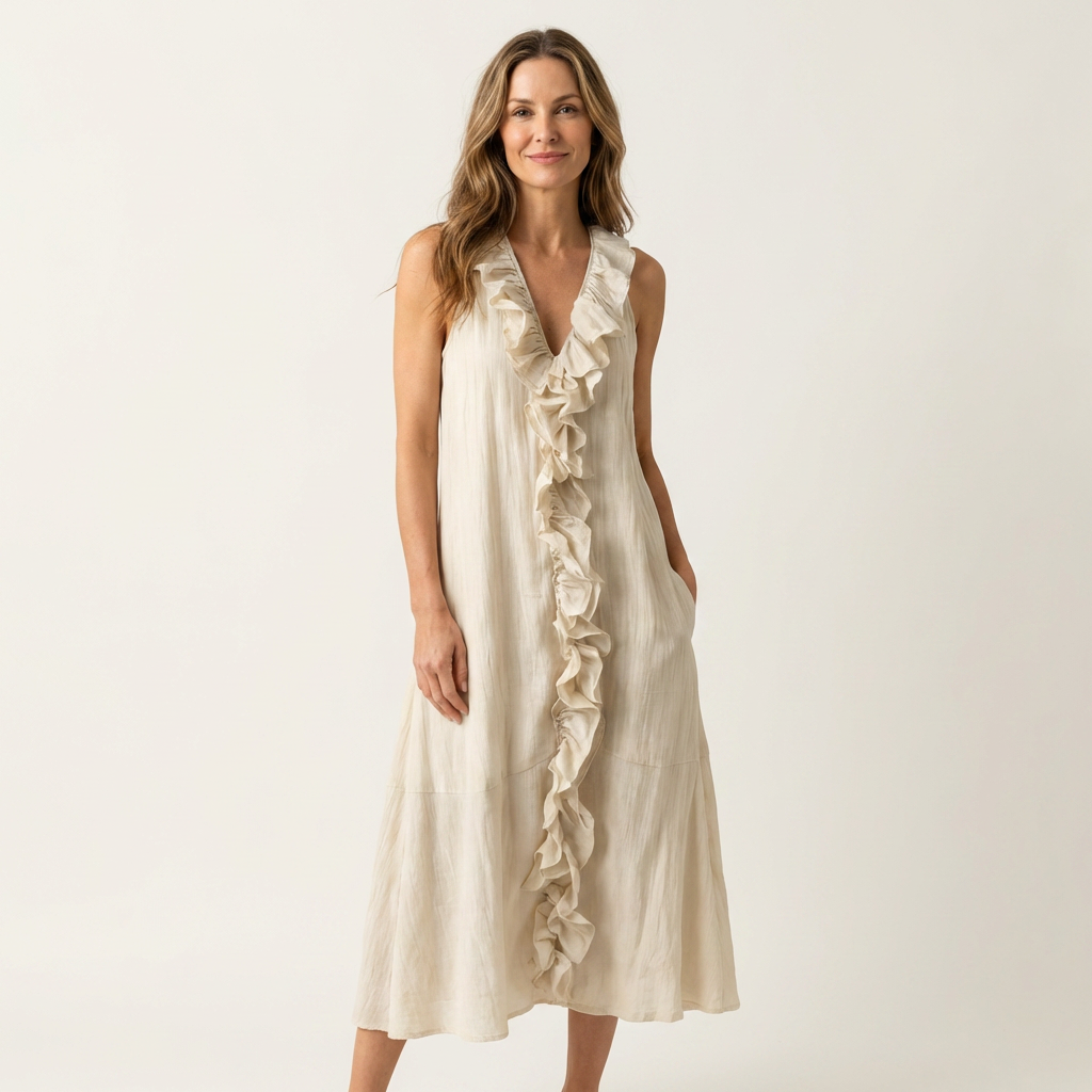 Victoria | Vestido Largo de Lino con Volante Frontal