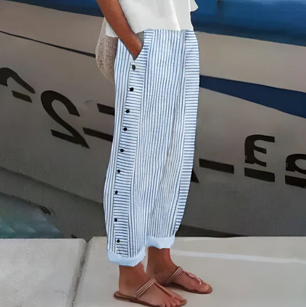 Salma - Pantalón recto de rayas con botones laterales
