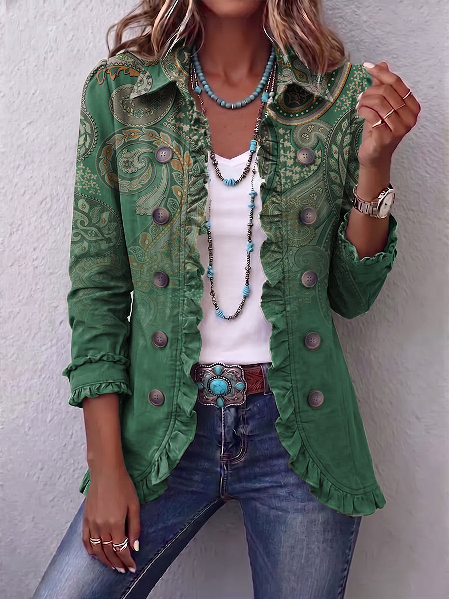 Dolores | Chaqueta Verde con Estampado de Cachemira y Volantes