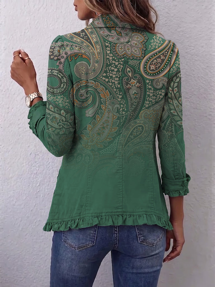 Dolores | Chaqueta Verde con Estampado de Cachemira y Volantes