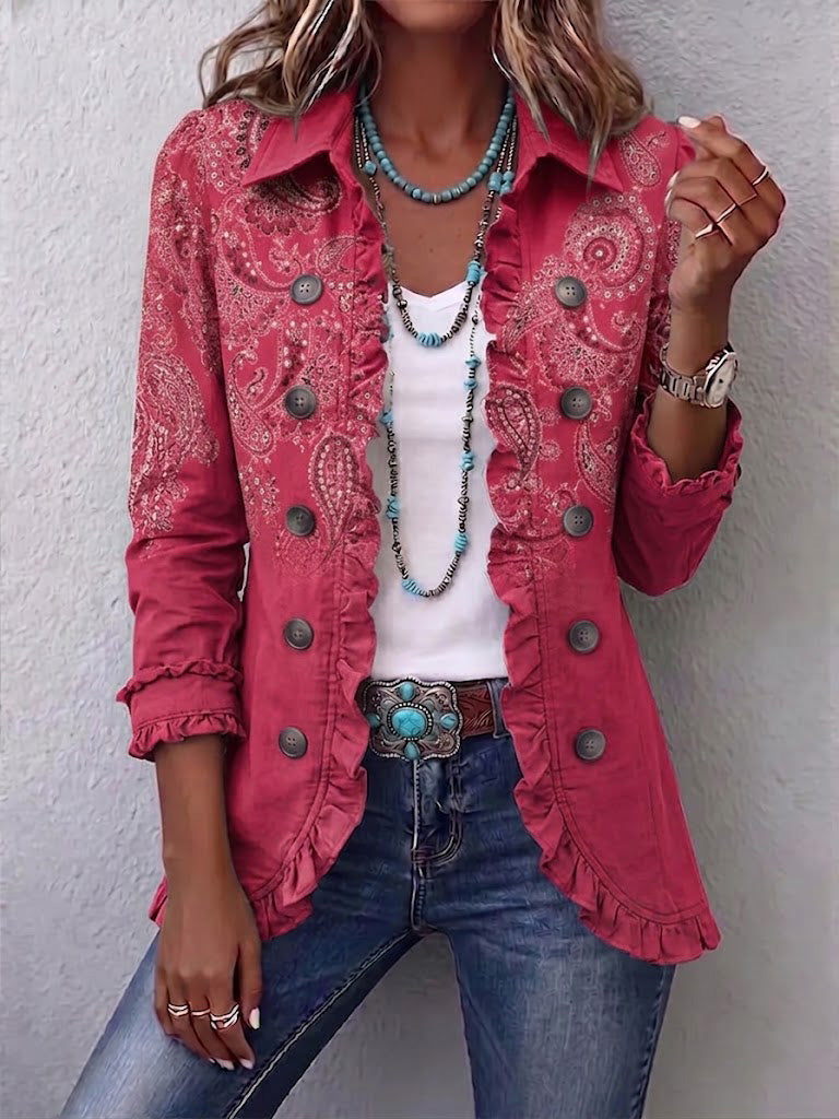 Inés | Chaqueta Rosa con Estampado de Cachemira y Volantes