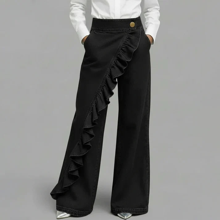 Violeta - Pantalones vaqueros asimétricos con volante y pierna ancha